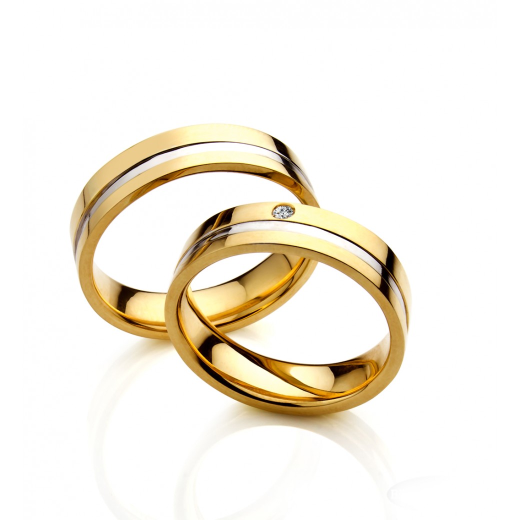 Alianças em ouro 18k 12g 5,5mm, Quadrada com 1 friso e 1 Brilhante na feminina
